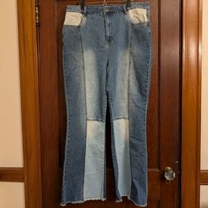 Madden NYC Ultra High Waisted Flare 70's Retro Patchwork Raw Edge Jeans